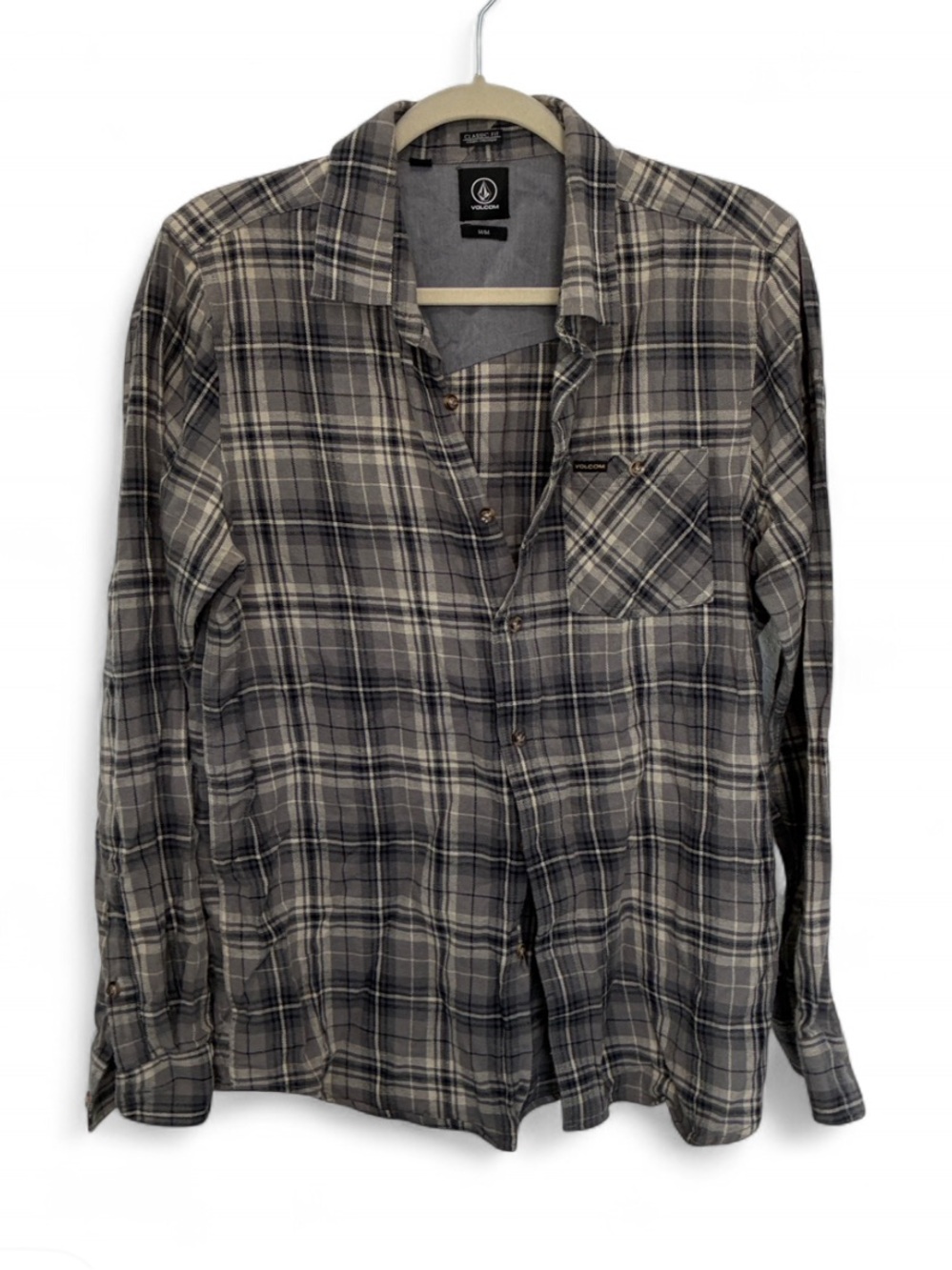 Volcom Grunge Gray and Tan Plaid Long Sleeve Button-Down Shirt